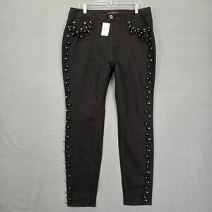 Ashley Stewart Tapered Faux Pearl Trim Jeans Womens Plus Size 16 Black Denim New